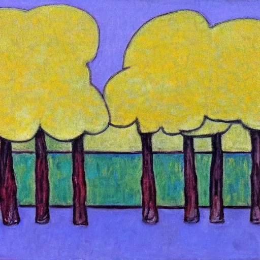 Prompt: a painting of trees with a yellow background, an art deco painting by mondrian, featured on pixiv, synthetism, fauvism, creative commons attribution, academic art