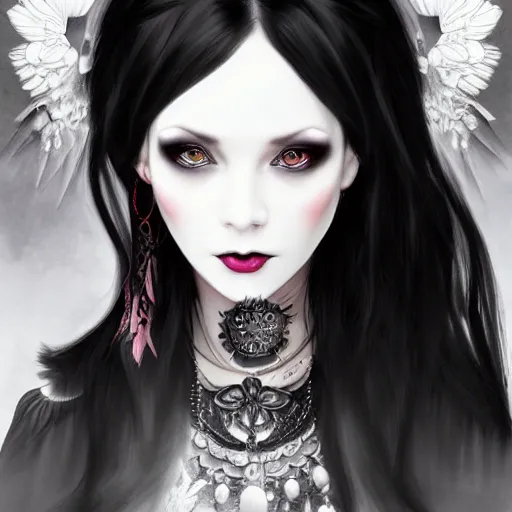 Prompt: dark haired girl, goth style, raven on her hand, pale gentle face, highly detailed intricate goth outfit, sharp, 8 k ultra realistic illustration, digital art by sakimichan, trending on artstation
