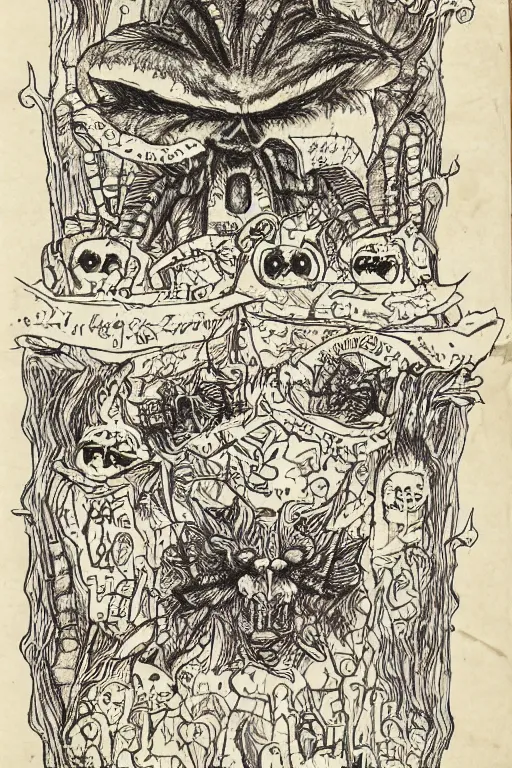 Image similar to disturbing pages from a hand drawn and written grimoire