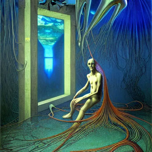 Image similar to realistic extremely detailed portrait painting of a bizarre creature sitting in the corner of an abandoned house, futuristic sci-fi landscape on background by Jean Delville, Amano, Yves Tanguy, Alphonse Mucha, Ernst Haeckel, Edward Robert Hughes, Roger Dean, rich moody colours, blue eyes