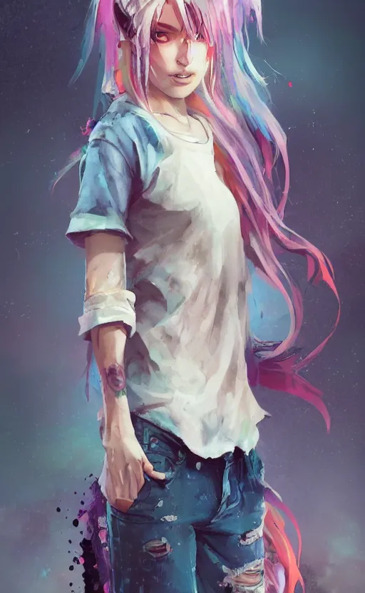 Prompt: a grungy woman with rainbow hair, drunk, soft eyes and narrow chin, dainty figure, long hair straight down, torn kawaii shirt and baggy jeans, basic white background, In style of by Jordan Grimmer and greg rutkowski, crisp lines and color,