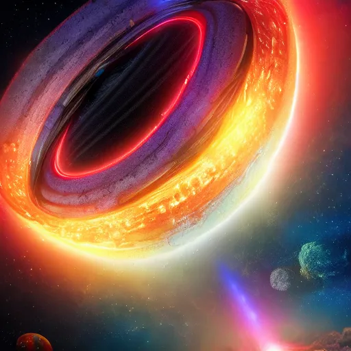 Image similar to glowing glorious 3D black hole in movie, intergalactic, space theme, galaxy colored, hyperdetailed, digital painting, trending on Artstation, cel-shading style, CG society, hyperdetailed, digital painting, hypermaximalist, golden ratio, volumetric, octane render, weta digital, micro details, 3d sculpture