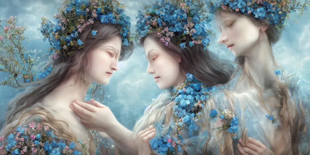 Image similar to breathtaking detailed concept art painting of two hugs goddesses of light blue flowers, carroty hair, orthodox saint, with anxious piercing eyes, ornate background, amalgamation of leaves and flowers, by hsiao - ron cheng, extremely moody lighting, 8 k