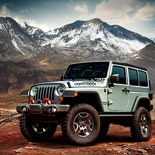 Prompt: Jeep, Professional Photography, Off-roading, Mountain landscape, dirt, road, cinematic color, photorealistic, highly detailed wheels, highly detailed