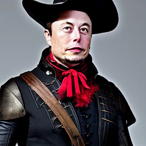 Prompt: photo of elon musk as a musketeer, he has a big black hat with a red feather, he is holding a shiny rapier sword and he is looking straight to the camera, gray background, studio lighting, 4 k, 8 k