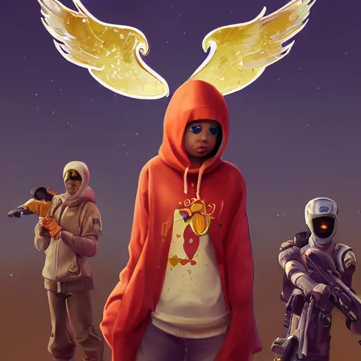 Image similar to baby Angel cherub,wearing angel halo, ski mask, balaclava, wearing angel halo covered face, orange hoodie, hip hop, multiple golden necklaces, fantasy art apex fortnite Video game icon, 2d game art gta5 cover , official fanart behance hd artstation by Jesper Ejsing, by RHADS, Makoto Shinkai and Lois van baarle, ilya kuvshinov, rossdraws