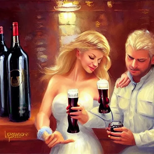 Prompt: blonde woman and Boba Fett drinking beer in a wine cellar, atmospheric, aphrodisiac, romantic, cozy, inviting, love, painting by Vladimir Volegov