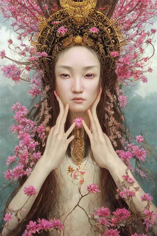 Image similar to breathtaking detailed concept art painting of the goddess of bugs, orthodox saint, with anxious, piercing eyes, ornate background, amalgamation of leaves and flowers, by Hsiao-Ron Cheng, James jean, Miho Hirano, Hayao Miyazaki, extremely moody lighting, 8K