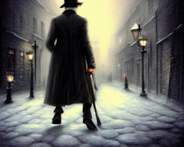 Prompt: closeup profile portrait of jack the ripper walking the streets of victorian london, nicoletta ceccoli, mark ryden, lostfish, max fleischer, hyper realistic, artstation, illustration, digital paint, matte paint, vivid colors, bright, cheerful, detailed and intricate snow environment