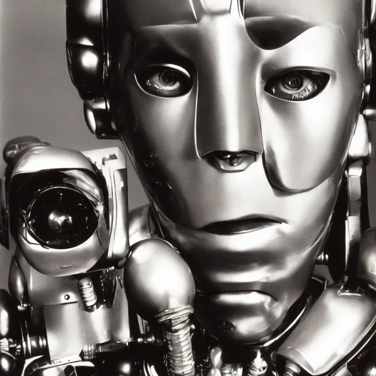 Image similar to 1 9 8 0 s robot super close up portrait, highly detailed, photorealistic, film still, by richard avedon