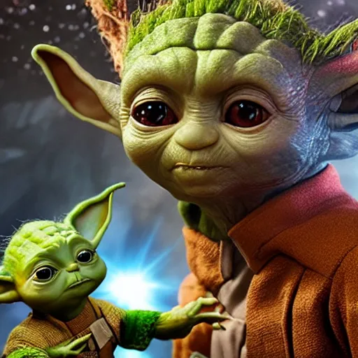 Image similar to baby yoda arguing with groot wearing star trek uniforms. high resolution.