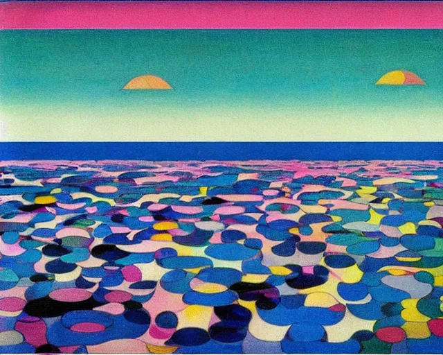 Image similar to Ocean waves in a psychedelic dream world. Wayne Thiebaud. Takashi Murakami. Paul Klee. Minimalist.