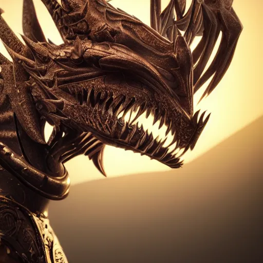 Image similar to a highly detailed close-up bust, of a beautiful majestic anthropomorphic robot female dragon, with smooth and streamlined mechanical armor, standing and posing elegantly in front of the camera, well detailed head with soft LED eyes, sharp teeth, two arms, artstation, DeviantArt, professional, octane render, sunset lighting