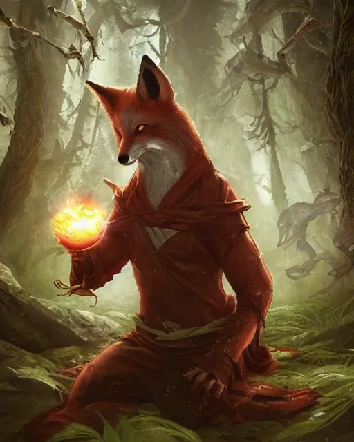 Image similar to Kitsune Fox Sorcerer meditating in the woods, magic the gathering artwork, D&D, fantasy, cinematic lighting, centered, symmetrical, highly detailed, digital painting, artstation, concept art, smooth, sharp focus, illustration, volumetric lighting, epic Composition, 8k, art by Akihiko Yoshida and Greg Rutkowski and Craig Mullins, heroic pose, oil painting, cgsociety, Tree Woodland atmosphere