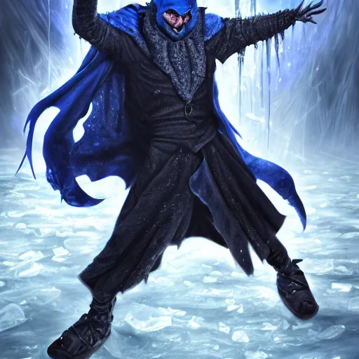 Prompt: a blue tiefling man wearing dark cloths frozen in ice and being shattering into a million pieces, action, cracked, destroyed, by Tony Sart, detailed, realistic, masterpiece, symmetrical