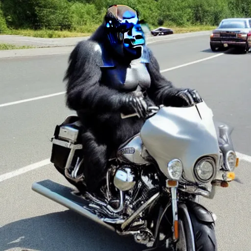 Prompt: gorilla on a Harley Davidson on the road, funny picture