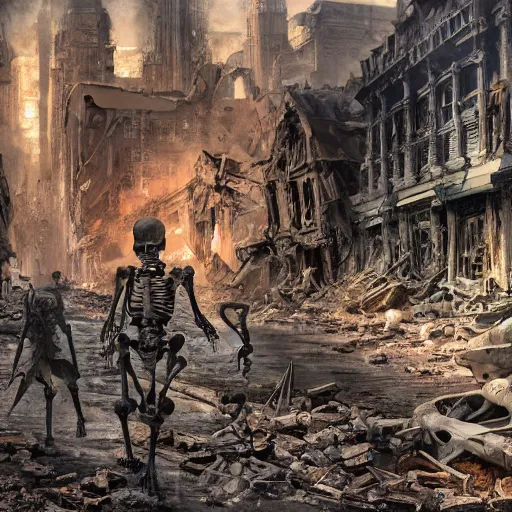 Prompt: skeleton walks through the center a destroyed city, extremely detailed oil painting, massive destruction, 1 9 2 0's colored pencil, highly detailed, highly accurate, deep aesthetic, 8 k, highly ornate intricate details, cinematic lighting, rich colors, beautiful scenic view, ray tracing, hyperrealistic, photorealistic, cinematic landscape, trending on artstation, concept art,