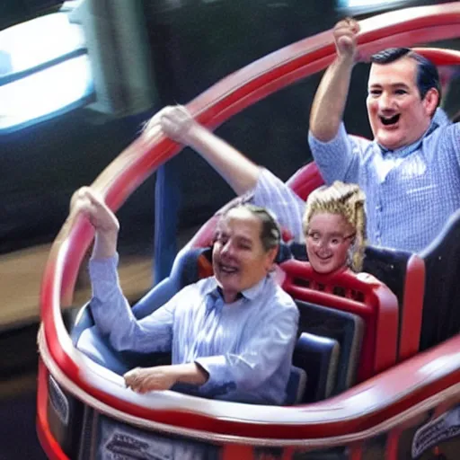 Image similar to Ted Cruz riding a roller coaster,photoreal