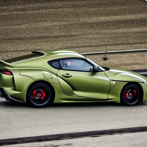 Image similar to Matte olive green Toyota Supra mk5 on highway, hyper realistic, car photography, 8k,