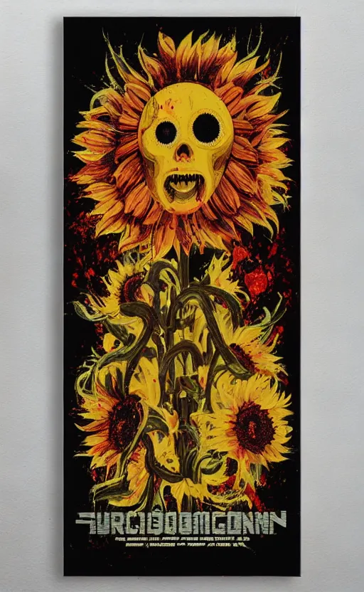 Image similar to 8 k cursed with necronomicon horrorcore cel animation poster depicting sunflowers spattered with blood, intricate, metropolis, 1 9 5 0 s movie poster, post - processing, vector art