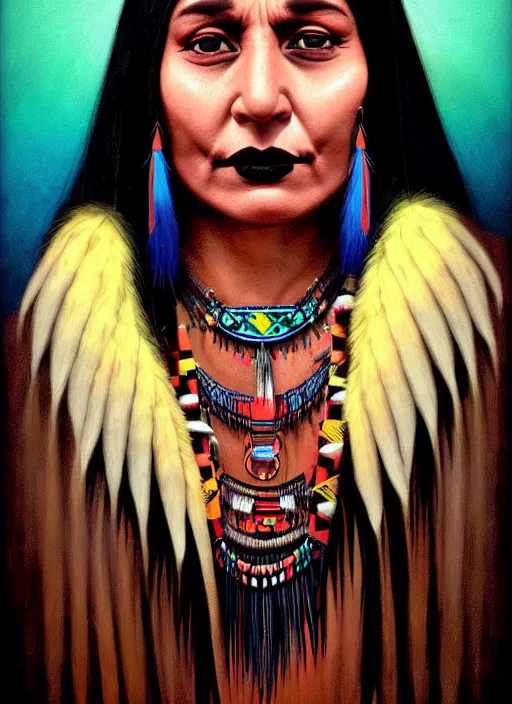 Image similar to portrait of a native american woman with a crooked nose and a confident expression, 1 9 6 0 s, black clothes, goth, punk, brightly coloured hair, funk, intricate, elegant, highly detailed, digital painting, artstation, concept art, smooth, sharp focus, illustration, art by wlop, mars ravelo and greg rutkowski