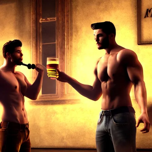 Image similar to cinematic scene with attractive male and another attractive muscular male, drinking their hearts out, in the pub, very detailed, volumetric lighting, still frame