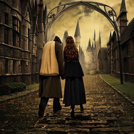 Image similar to harry potter and hermione hand in hand walking in hogwarts yard, elves around, lovely, lightly dark theme, harry potter theme, trending on artstation