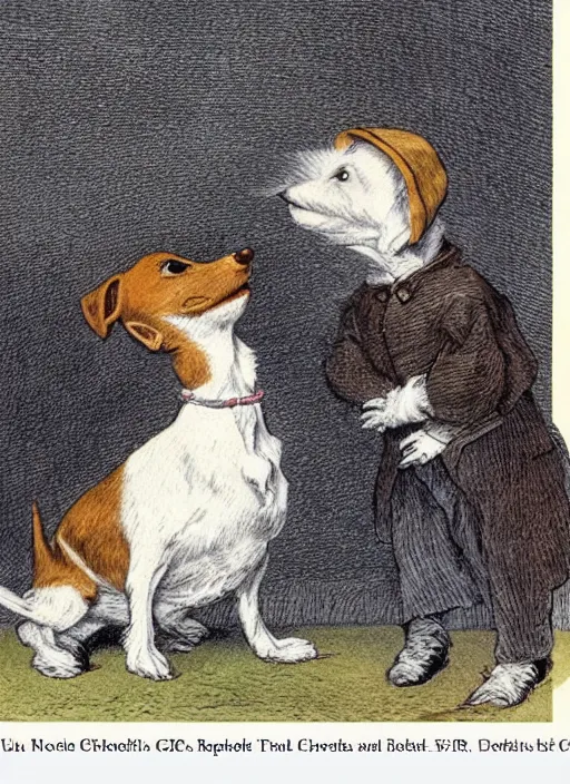 Image similar to closeup candid portrait of a jack russel terrier singing with eyes closed, illustrated by peggy fortnum and beatrix potter and sir john tenniel