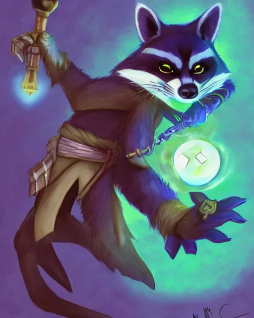 Image similar to 3 5 mm portrait of furry necromancer sly cooper raccoon holding a magical glowing gemstone in a crystal cave, d & d, magic the gathering, criag mullins, artgerm, wlop, disney, pixar,