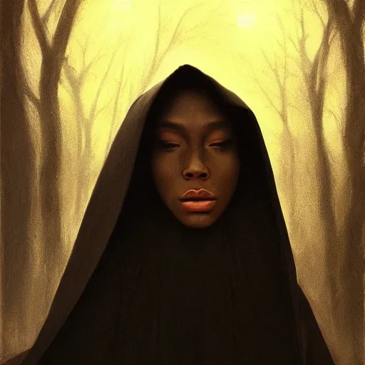 Image similar to a portrait of a young black woman wearing a long dark cloak, hood and shadows covering face, anatomically correct, beautiful perfect face, enigmatic, oil painting, matte painting, black background, Volumetric dynamic lighting, Highly Detailed, Cinematic Lighting, Unreal Engine, 8k, HD, by Beksinski