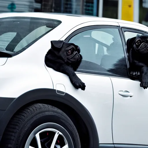 Image similar to picture of a black pug driving a car