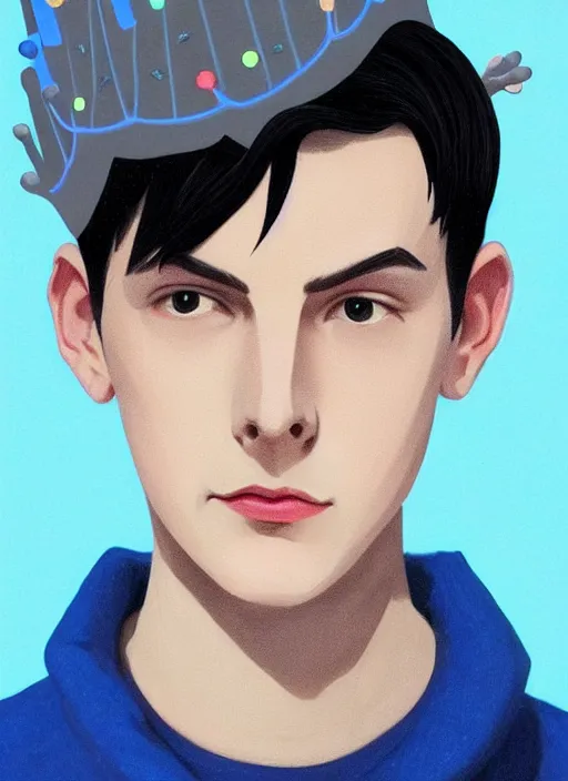 Image similar to portrait of teenage jughead jones wearing a light grey crown, crown, blue turtleneck, 1 9 5 0 s, closed eyes, photorealistic, black hair, glowing lighting, intricate, elegant, glowing lights, highly detailed, digital painting, artstation, concept art, smooth, sharp focus, illustration, art by wlop, mars ravelo and greg rutkowski