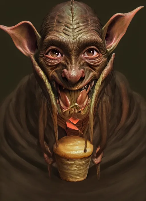 Image similar to profile face portrait of a medieval goblin eating cakes in the cloisters, beautiful face, hyper realistic, highly detailed, digital painting, artstation, illustration, concept art by hyung tae and frank frazetta, digital paint, matte paint, washed colors, dark, gloomy