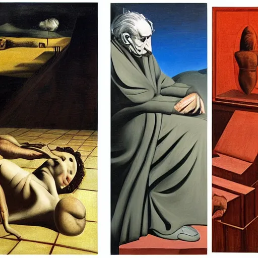 Prompt: the problem of evil, philosopy, by de chirico, by dali, by paula rego, by neo rauch