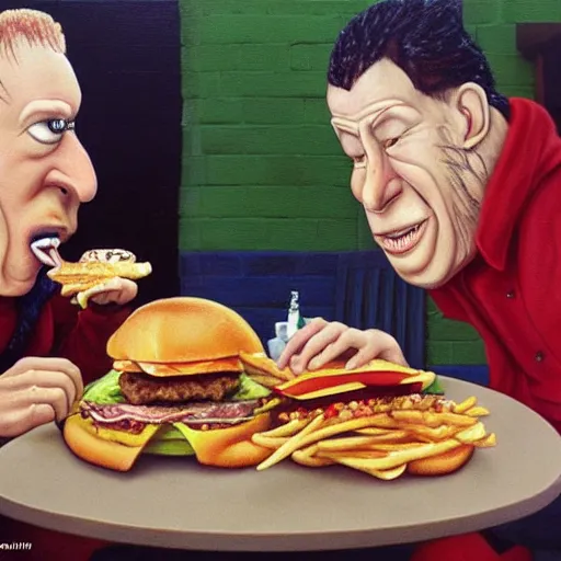 Image similar to beautiful lifelike painting of grave jones and johnny rotten eating burgers in france, hyperreal detailed facial features and uv lighting, art by ed roth and basil wolverton