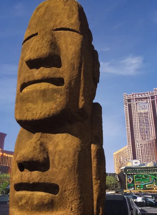 Image similar to legions of moai levitating over las vegas casinos in the style of alex grey