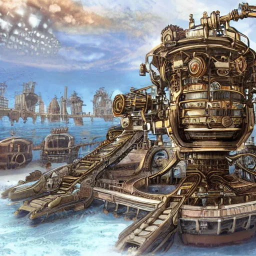 Prompt: a steampunk city on mechanical legs in the ocean