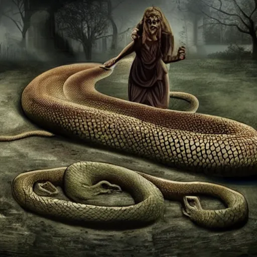 Prompt: huge snake in the grave squeezing a body, realistic, horror, dark