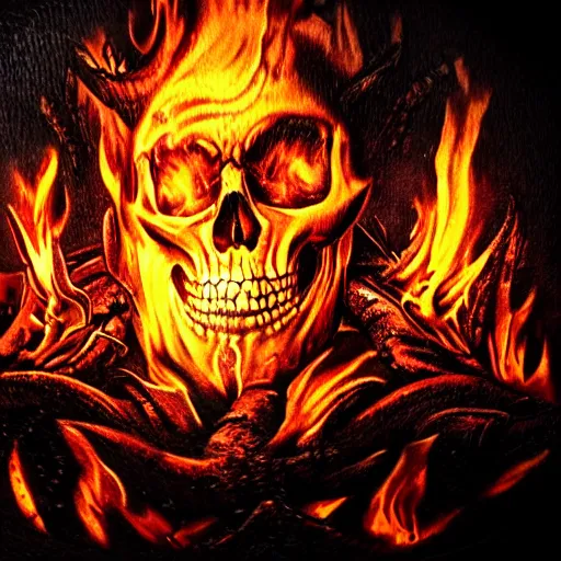 Prompt: an 8 k ultra real photo of a tattoo depicting a stack of demon skulls burning in hell. dynamic image. hdr - n 9