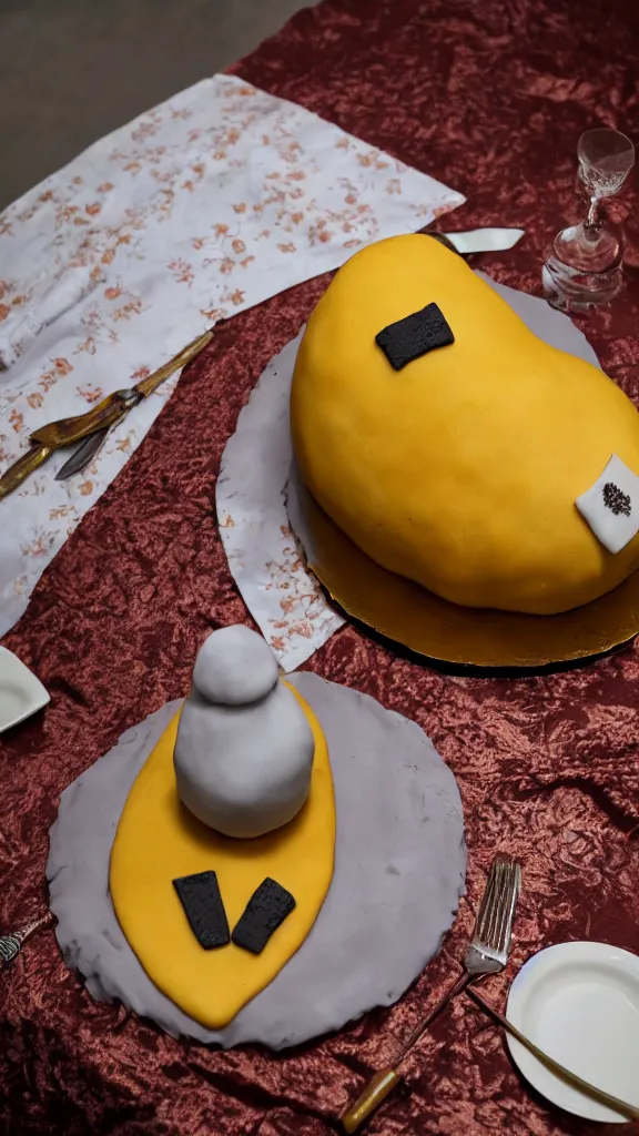 Prompt: a cake in the shape of a nuclear bomb, on a velvet table cloth, soft focus