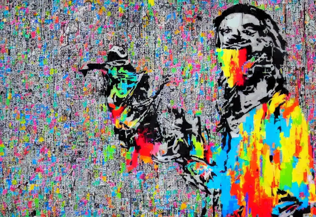 Image similar to full color banksy graffiti with statement of ai art is not art, detailed, realistic, glitch art effect