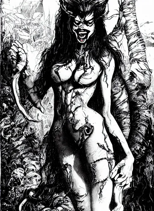 Prompt: a vampire sabertoothed-catgirl with hair and clothes made of living tar, femme fatale, hollywood starlet, villainess as a D&D monster, full body, pen-and-ink illustration, etching, by Russ Nicholson, DAvid A Trampier, larry elmore, 1981, HQ scan, intricate details, Monster Manula, Fiend Folio