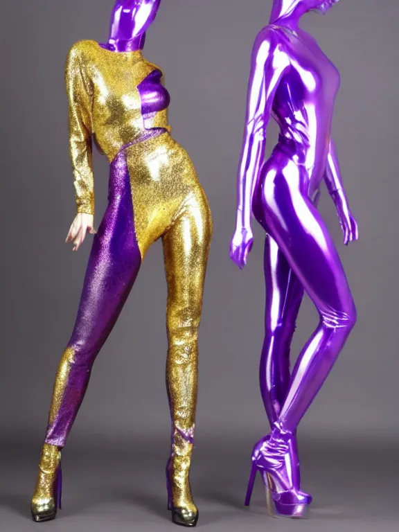 Prompt: very tight Translucent metallic mirror chrome purple and Gold latex crazy outfit on a gray plastic mannequin
