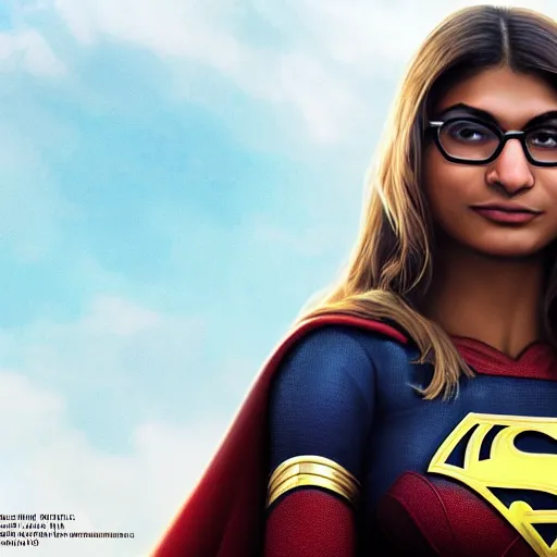 Image similar to a close up face of young Mia Khalifa as Supergirl by Greg Rutkowski, Sung Choi, Mitchell Mohrhauser, Maciej Kuciara, Johnson Ting, Maxim Verehin, Peter Konig, Zack Snyder, 8k photorealistic, cinematic lighting, HD, high details, dramatic, trending on artstation,