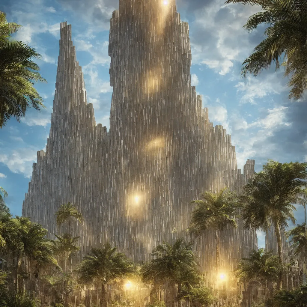Prompt: photorealistic photo a contemporary babylon tower, golden details, stone facade, sacred geometry architecture, cascading highrise, arid mountains with lush palm forest, god rays, sunlight, post - production, octane, cgi, sfx