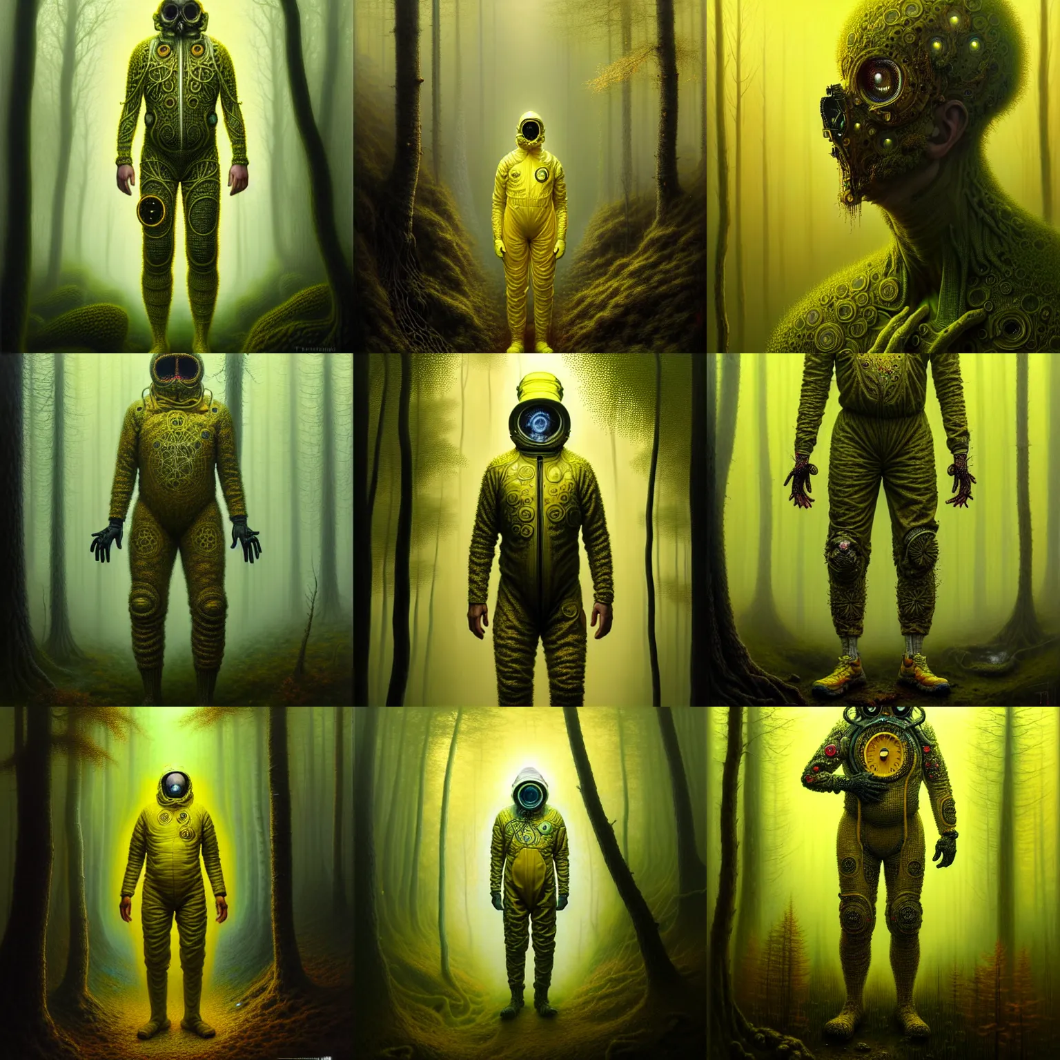 Prompt: a detailed portrait full-body of man wearing ultra detailed intricate ornate scifi hazmat suit, in forest, yellow volumetric fog, by Tomasz Alen Kopera and Peter Mohrbacher, 8k