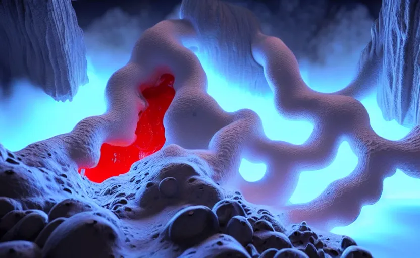 Image similar to liquid nitrogen and with red water-cooling coolant flowing through latent representations of ice caverns by centrifugal forces, gaming pc components sticking out the walls, high detail, high contrast, low-poly elements!!!!!, trending on artstation, octane render, subsurface scattering, 4k