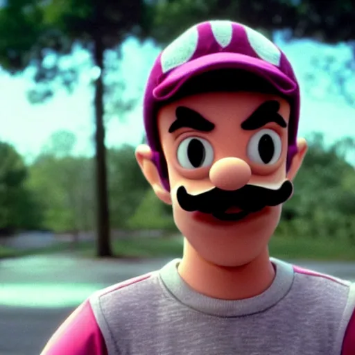 Image similar to a film still of waluigi in stranger things