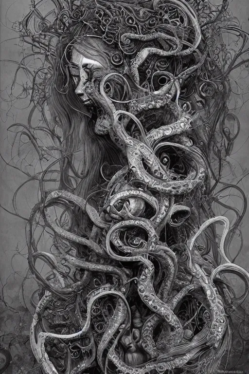 Image similar to centered beautiful detailed side view profile portrait of a insane, crazed, mad elderly woman, ornate tentacles growing around, ornamentation, thorns, vines, tentacles, elegant, beautifully soft lit, full frame, by wayne barlowe, peter mohrbacher, kelly mckernan, h r giger