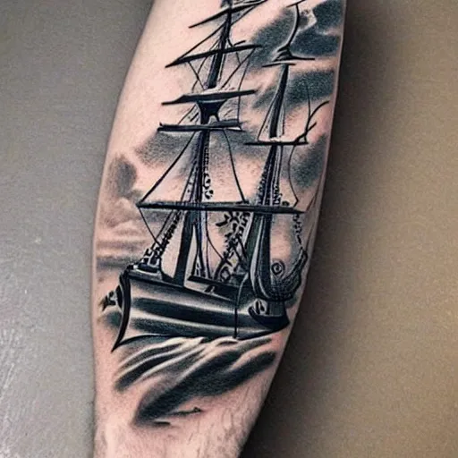 Image similar to a pirate ship sailing in the sea, realism tattoo design, amazing shades, clean white paper background, in the style of david vega